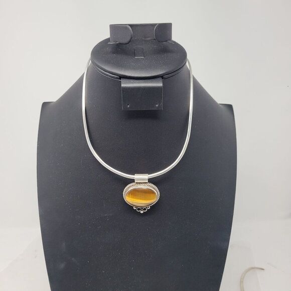 Signed 925 Artisan Tigers Eye Oval Pendant Silver Torque Choker Necklace Ornate‎ - Picture 2 of 15
